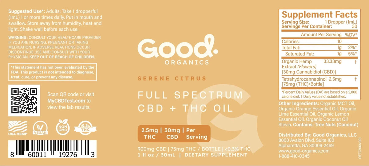 Serene Citrus CBD THC Tincture 900mg - Good OrganicsSpecialty Supplements