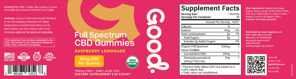 USDA Organic Raspberry Lemon Gummies - 25mg - Good Organics